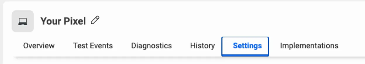 شريط تبويبات مدير الأحداث وتبويب Settings محدد، بجانب Overview وTest Events وDiagnostics وHistory وImplementations