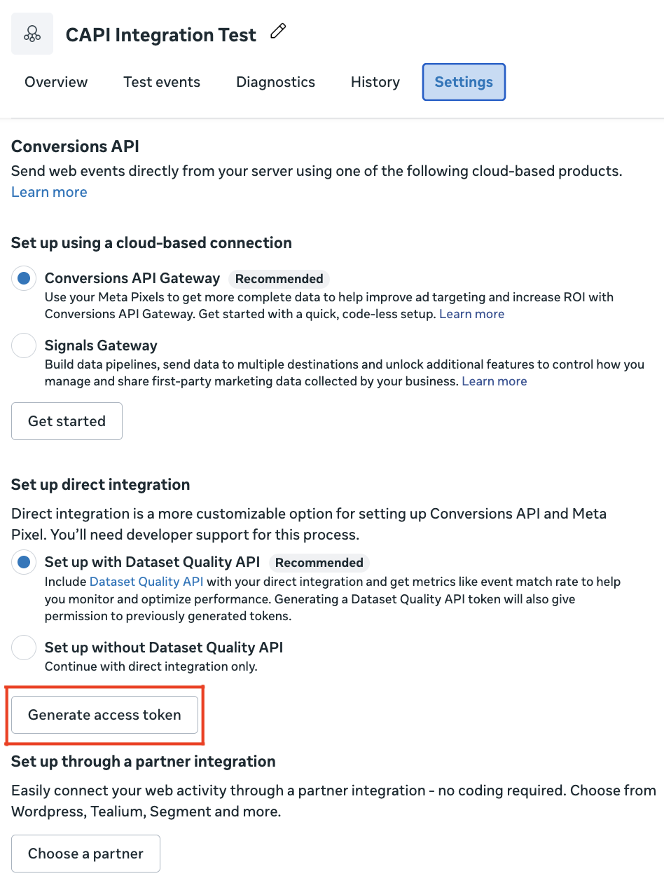 قسم Conversions API في إعدادات مدير الأحداث مع إبراز زر Generate access token تحت Set up direct integration