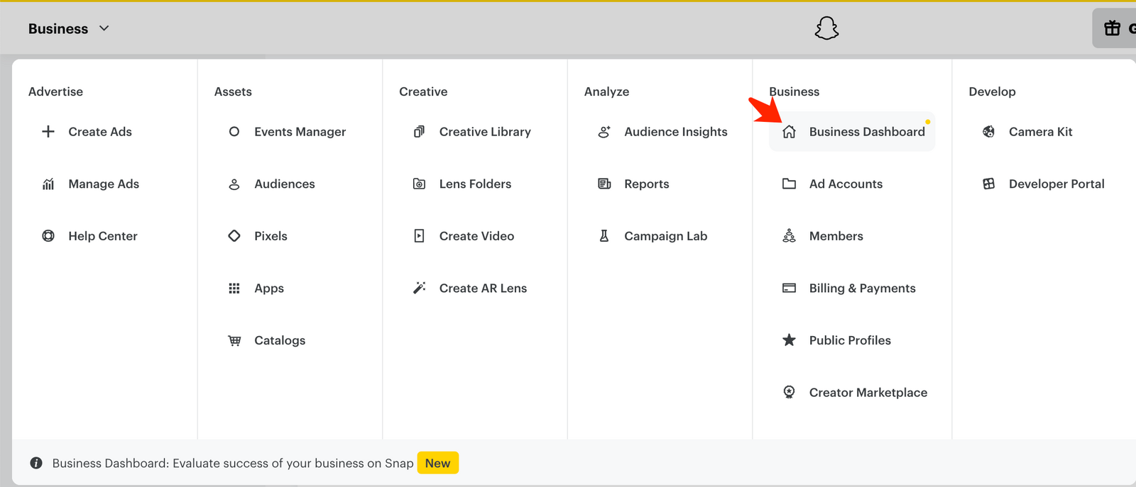 قائمة الأعمال في سناب شات مع إبراز Business Dashboard في عمود Business