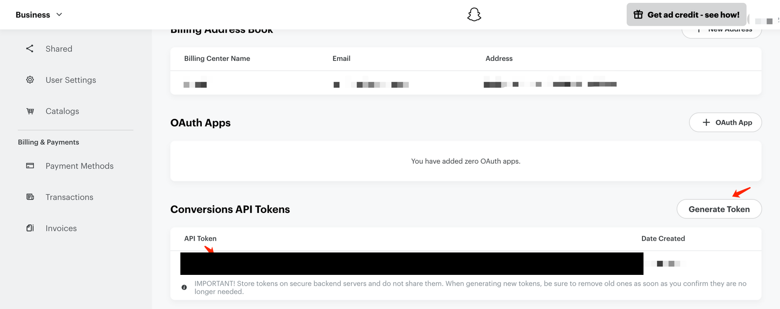 قسم Conversions API Tokens أسفل OAuth Apps مع زر Generate Token